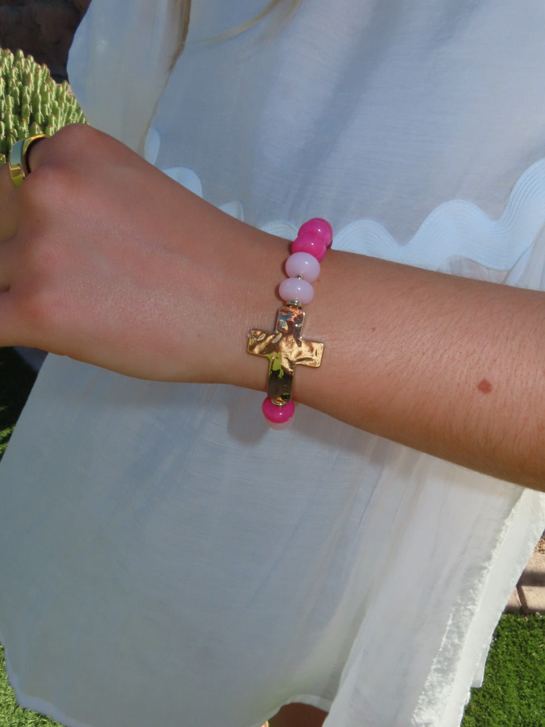 Pink Beaded Cross Bracelet