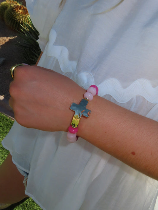 Pink Beaded Cross Bracelet